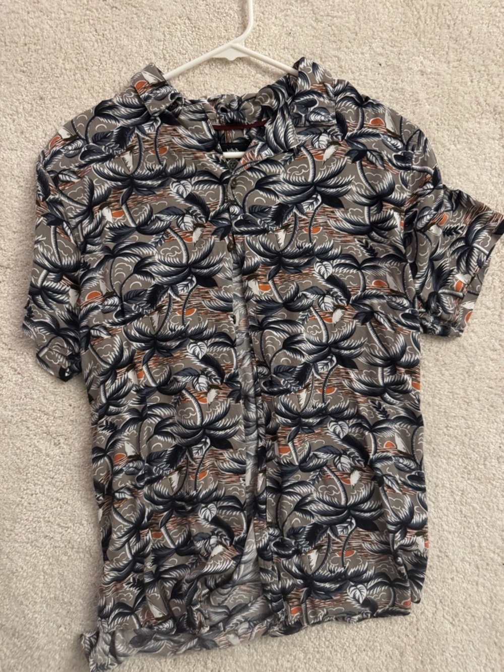 Tropical Palm Print Button-Up Shirt in Grayish brown, Navy Blue & Orange
